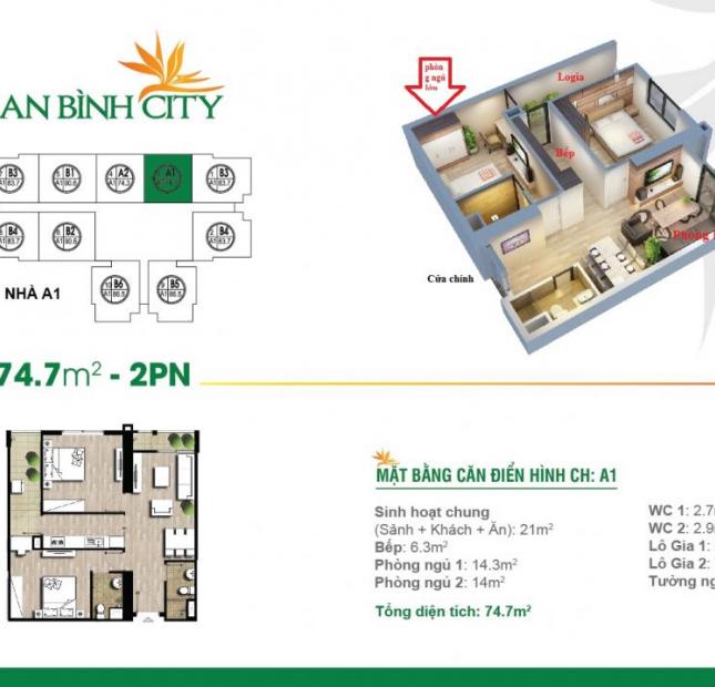 Chính chủ bán gấp căn hộ 74,7m2, (căn 2 phòng ngủ), dự án An Bình City. LH 0968188122