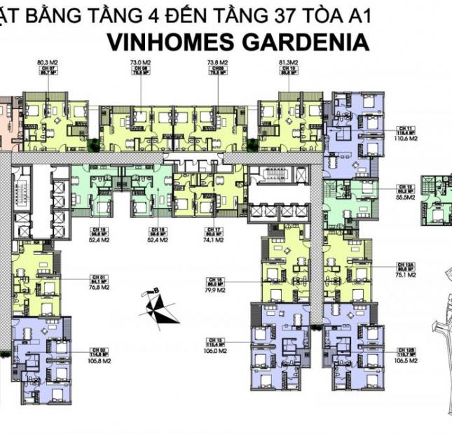 Cần bán CC Vinhomes Gardenia, căn 1609 - A1, DT 73.8m2, 2 PN, giá 39 tr/m2. LH 0972039891