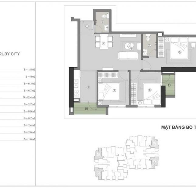 Bán căn góc 3 phòng ngủ, Đông Nam, tầng 6, 9 dự án Ruby City CT3 Long Biên, full nội thất
