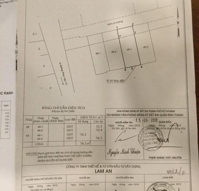 Chính chủ bán 2 lô đất liền kề hẻm XH Phan Văn Trị, P.11, Q. B Thạnh