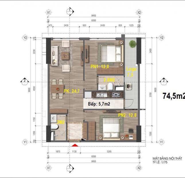 Bán căn hộ 2 phòng ngủ 74,5m2 Tòa nhà thương mại HH chung cư 43 Phạm Văn Đồng