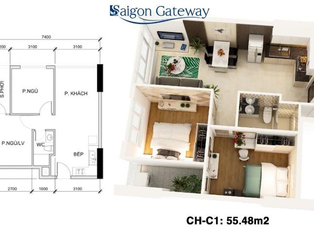 Bán căn hộ SG GateWay Q.9 - MT Song Hành Xa Lộ HN - 55m2 2PN