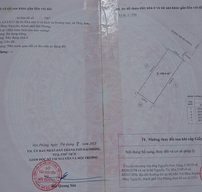 Bán đất Quang Minh, Thủy Nguyên, diện tích 108 m2, sổ đỏ, 0934 338 111