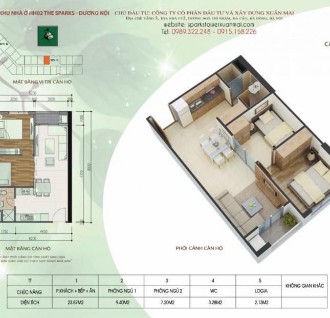 Phá giá thị trường, căn hộ 2 phòng ngủ HH2L Xuân Mai Complex, Dương Nội, giá chỉ 900 triệu