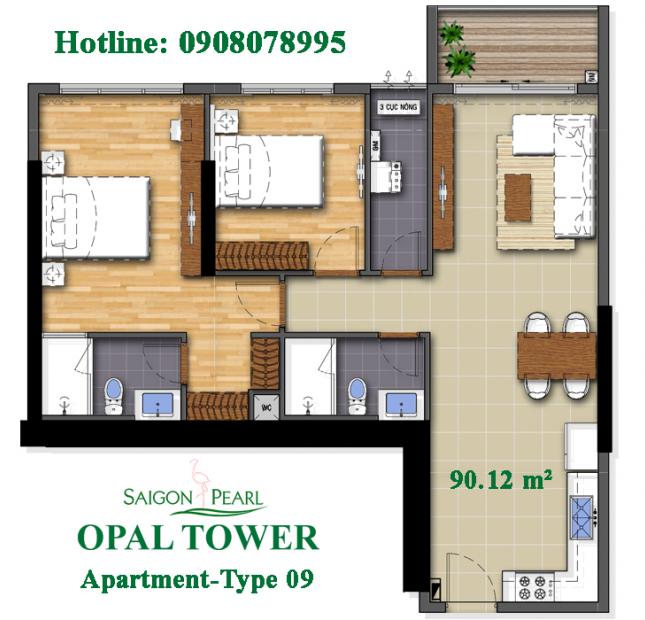 Bán căn hộ 2PN số 9 tầng cao Opal Tower, Saigon Pearl, hotline 0908 078 995