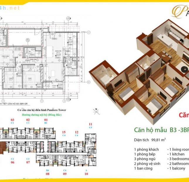 Bán chung cư Pandora ưu đãi lớn DT 80m2 đến 105m2, gía từ 2.4 tỷ, 0987690434