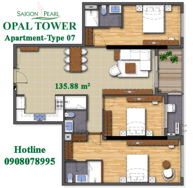 Chỉ với 6.85 tỷ sở hữu ngay CHCC 3PN, căn số 7 dự án Opal Tower ở Saigon Pearl, hotline 0908078995