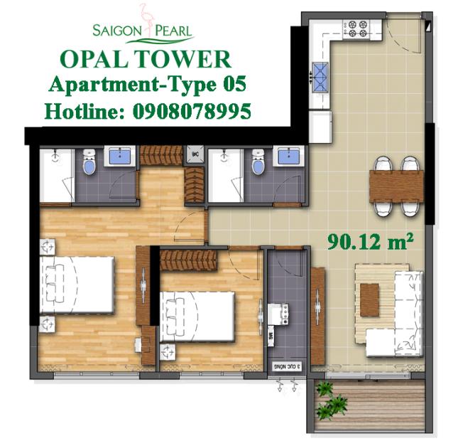 Bán căn hộ 2PN số 9 tầng trung Opal Tower ở Saigon Pearl, hotline 0908 078 995