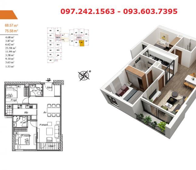 Bán căn hộ BeaSky 78m2 3PN,giá 30triệu ,ban công ĐN, full nội thất,chiết khấu 5.8%.LH 0972421563.