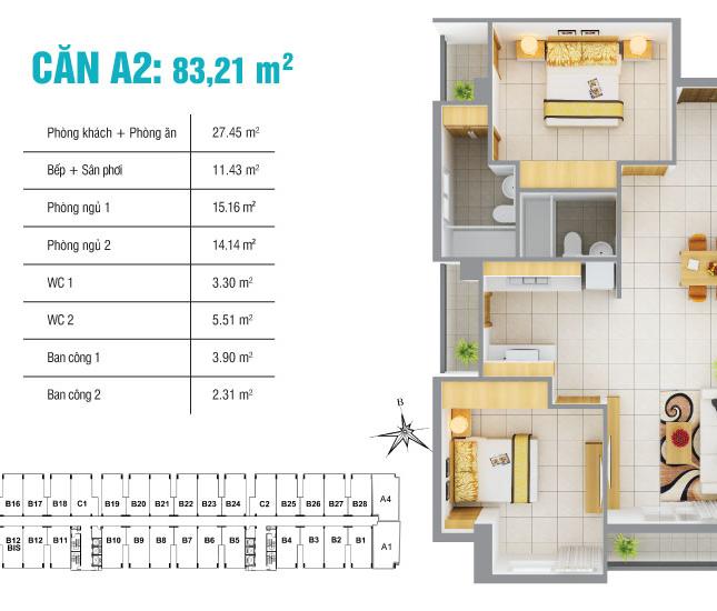 Bán căn hộ 8x Plus, DT 83m2, 2PN, căn gốc, giá 2,350 Tỷ. LH 0902541503