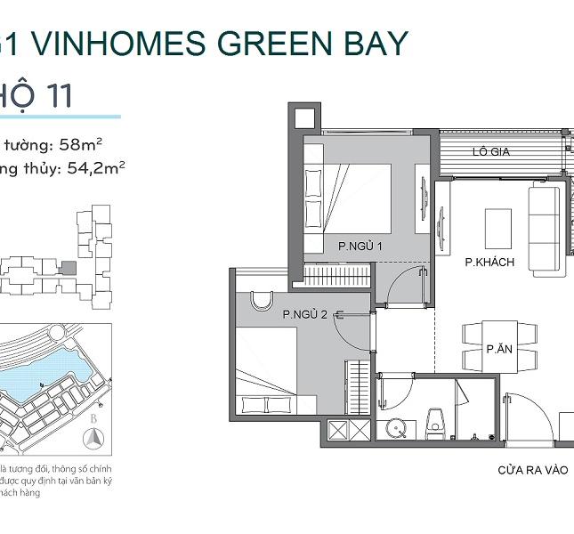 Chính chủ cần bán căn 2 ngủ, 54,2 m2 chung cư cao cấp Vinhomes Green Bay Mễ Trì, giá 2,3  tỷ. 