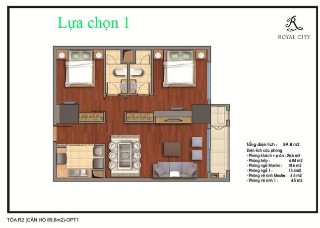 Bán căn hộ R1 Royal City, 2 phòng ngủ sáng, 89 m2