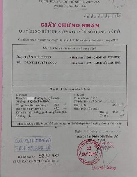 Cần tiền KD bán nhanh nhà mt hẻm đường Nguyễn Sơn, Q. Tân Phú