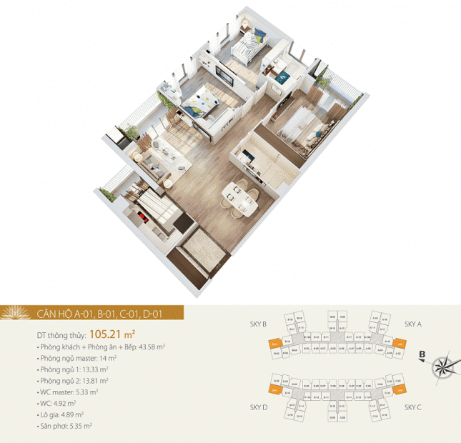 Cần bán gấp căn hộ A -01 Tòa Sky View 105m2 3PN - dự án Imperia Sky Garden