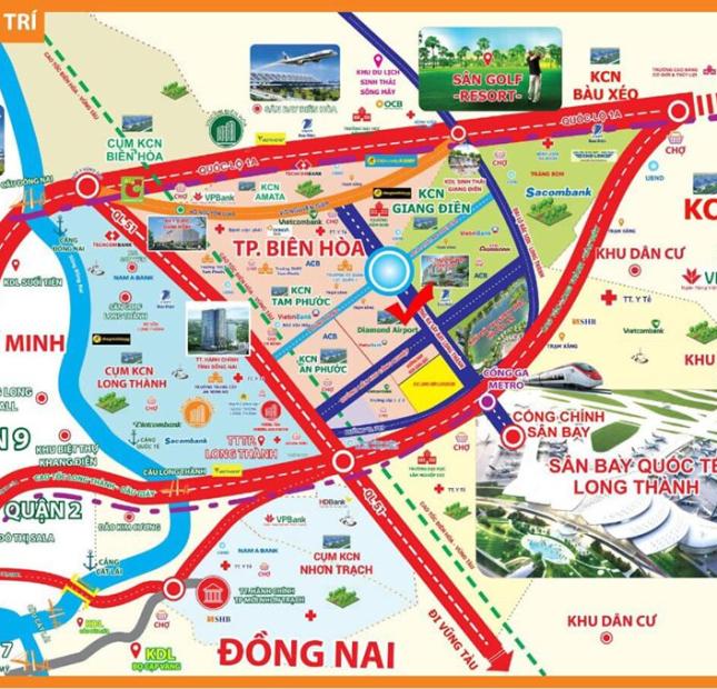 ĐẤT NỀN SÂN BAY LONG THÀNH, TẶNG 3 CHỈ VÀNG, CHIẾT KHẤU 5%, THỔ CƯ SHR, DIAMOND AIRPORT CITY