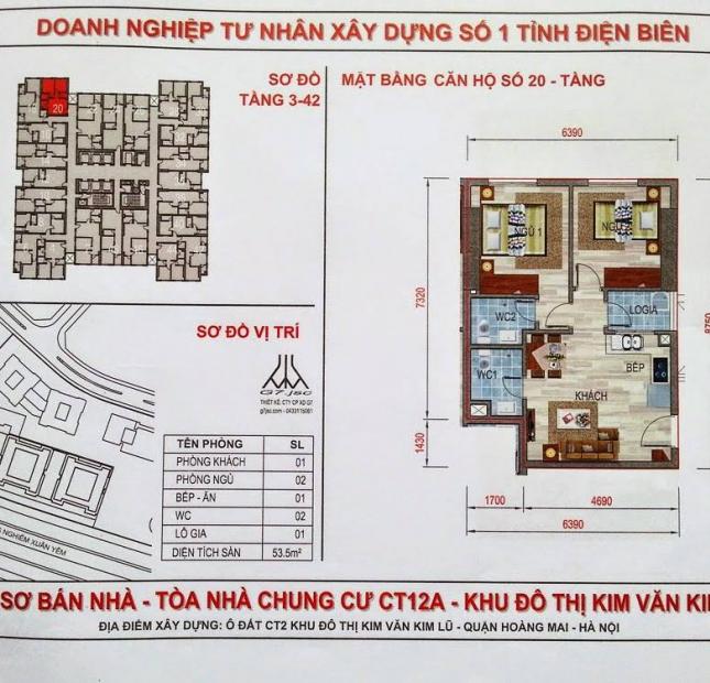 Bán căn hộ 53m2, Đông Nam, Giá 970 triệu tại CT12B Kim Văn Kim Lũ