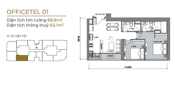 Cho thuê căn hộ Officetel Vinhomes Golden River 68m2 2 phỏng ngủ, 2 phòng tắm
