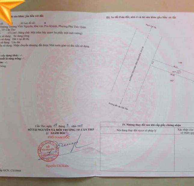 Bán nền thổ cư mặt tiền Trương Vĩnh Nguyên, kv Phú Khánh, Phú Thứ, Cái Răng, Cần Thơ