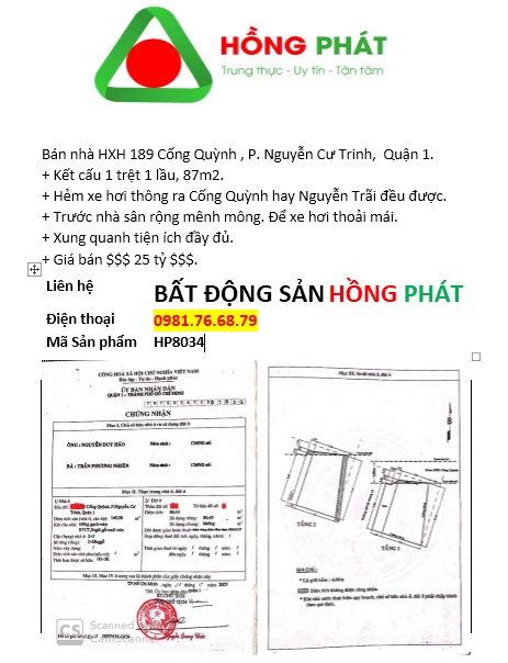 Bán nhà hẻm 189 Cống Quỳnh, P. Nguyễn Cư Trinh, Quận 1.