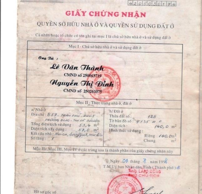 BÁN NHÀ MẶT TIỀN SỐ 857 TRẦN PHÚ TP BẢO LỘC- LÂM ĐỒNG