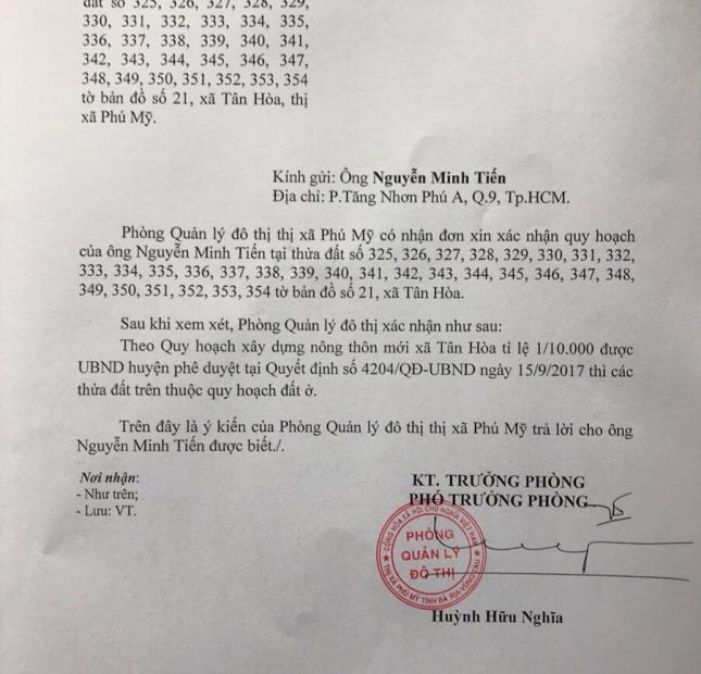 Chính chủ bán lô đất trung tâm Phú Mỹ, gần cảng Cái Mép 827m2 (25x33) giá 1tr850/m2.Bao pháp lý giấy tờ CC.