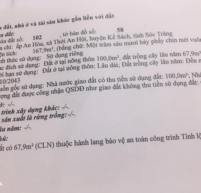 BÁN ĐẤT MẶT TIỀN TẠI ẤP AN HÒA, XÃ THỚI AN HỘI, HUYỆN KẾ SÁCH, TỈNH SÓC TRĂNG