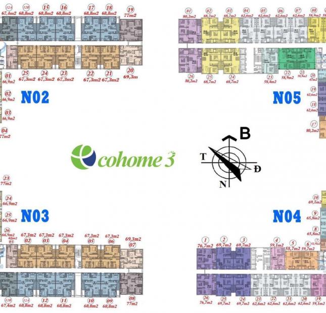 Tôi chủ căn chung cư Ecohome 3 tầng 1525, tòa N04 DT 69,7m2 cần bán 1 tỷ 480/ căn: 0981129026