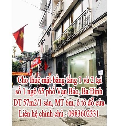 Cho thuê mặt bằng tầng 1 và 2 tại số 1 ngõ 65 phố Vạn Bảo, Ba Đình, 0983602331