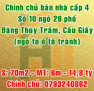 Chính chủ bán nhà cấp 4, số 10 ngõ 29 phố Đặng Thùy Trâm, Quận Cầu Giấy, Hà Nội 
