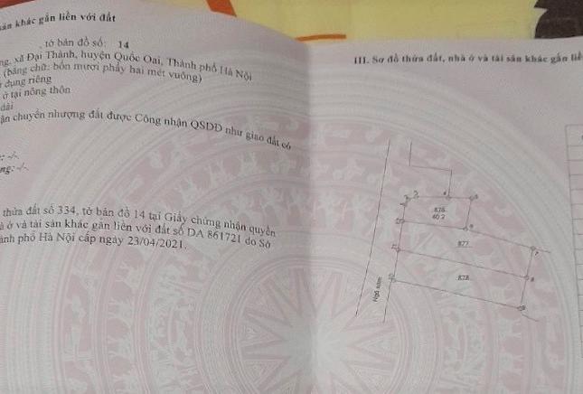 Bán Đất Đại Thành-Quốc Oai 221.6m2 x 14m Mặt Tiền, Đường Ô Tô Vào, Cách Đường Liên Thôn 5m