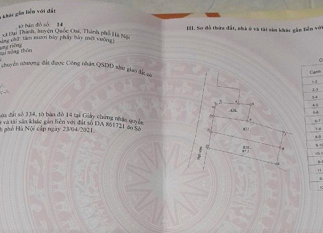 Bán Đất Đại Thành-Quốc Oai 221.6m2 x 14m Mặt Tiền, Đường Ô Tô Vào, Cách Đường Liên Thôn 5m