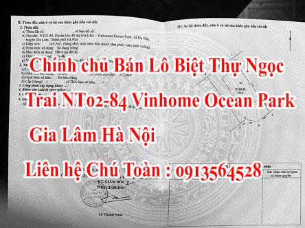 Chính chủ Bán CẮT LỖ  Lô Biệt Thự Ngọc Trai , NT02-84 Vinhome Ocean Park Gia Lâm Hà Nội.