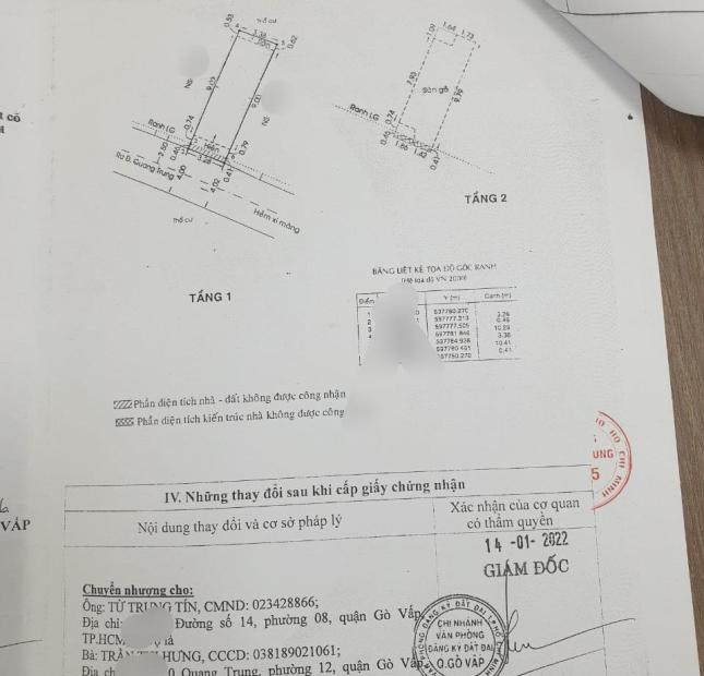 GV.299. HIẾM - HXH SÁT MT QUANG TRUNG P.8 Q.GV - DT.35M2, BAO ĐẦU TƯ, CHỈ 3 TỶ 9.