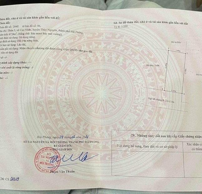 Cần bán nhanh lô đất Thôn 3 – xã Cao Nhân – Huyện Thuỷ Nguyên – Thành Phố Hải Phòng
