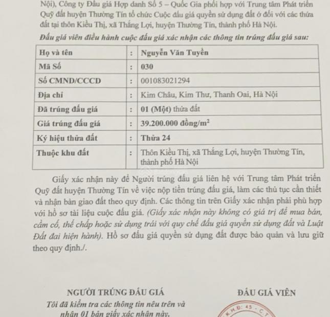 Bán đất Đấu giá thôn Kiều Thị, xã Thắng Lợi, huyện Thường Tín, Hà Nội