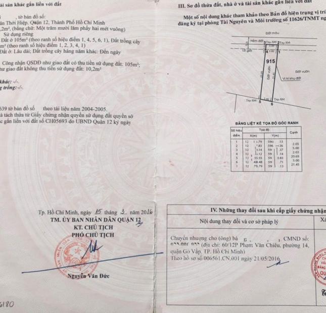 Q12.153. ĐẤT GẦN MẶT TIỀN, GIÁP GÒ VẤP, DT.115M2, NGANG 5, NHỈNH 4 TỶ.