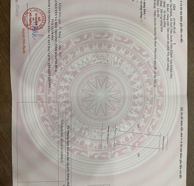 CHỦ CẦN BÁN NHANH LÔ ĐẤT HAI MẶT TIỀN SUỐI TIÊN HUYỆN DIÊN KHÁNH, TỈNH KHÁNH HOÀ