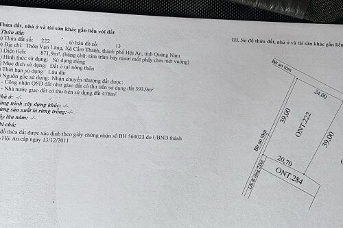 Cần bán nhanh lô đất thổ cư 100 % chính chủ tại Vạn Lăng, Cẩm Thanh, TP Hội An, Quảng Nam