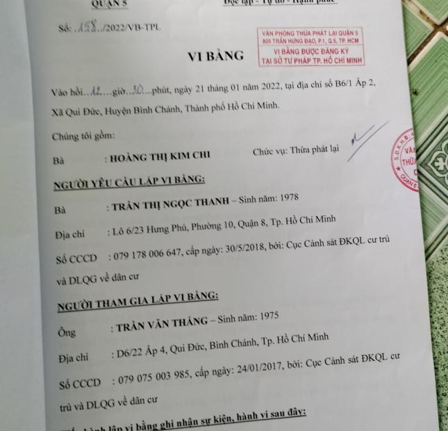 BÁN NHÀ SỐ B6/1, ẤP 2, QUY ĐỨC, BÌNH CHÁNH, HCM GIÁ 1,35 TỶ NHÀ VI BẰNG