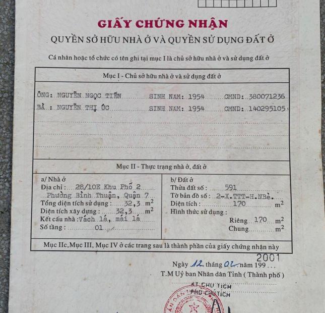 Bán đất hẻm 458 Huỳnh Tấn Phát P. Bình Thuận Q7.