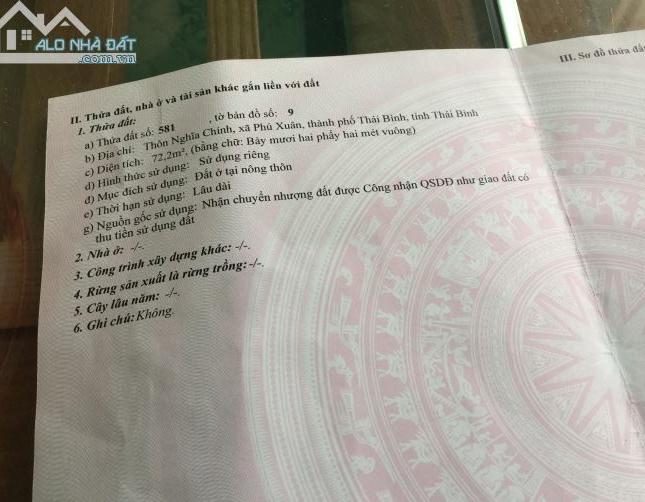 Bán 2 lô Nghĩa Chính, Phú Xuân, Thái Bình 72M2. 54M2 mặt đường 4M M. Giá 14,5tr/M2