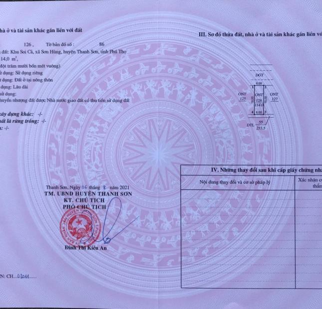 Bán đất Thanh Sơn Phú Thọ 6x19m diện tích 114m2 sổ hồng riêng