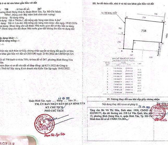 Bán 709m2 đất Lê Văn Quới, Bình Hưng Hòa A, Bình Tân – chỉ 74tr/m2