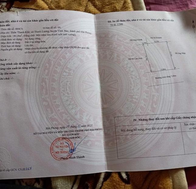 BÁN ĐẤT THÔN THANH KHÊ, XÃ THANH LƯƠNG, VĨNH BẢO, HẢI PHÒNG.