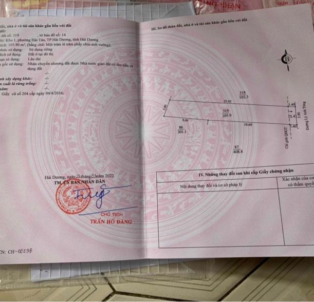 Bán đất mặt phố Lý Anh Tông, ph Hải Tân, TP HD, 105.9m2, mt 3.9m, giá đầu tư cực tốt