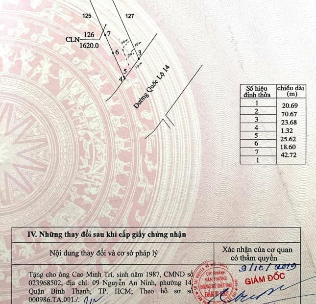 BÁN ĐẤT MẶT TIỀN QL14, XÃ NHÂN CƠ, NGANG 30M, CHIỀU DÀI 120M, CÓ 100M2 THỔ CƯ, SỔ HỒNG CHÍNH CHỦ