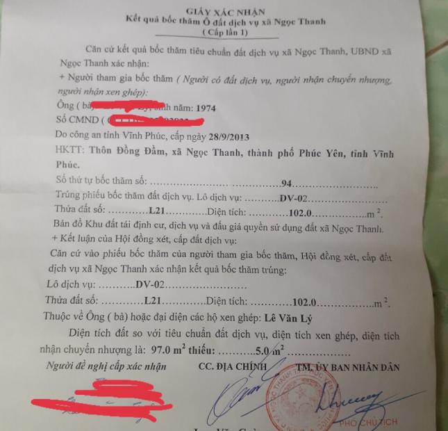 Chính chủ cần bán lô đất dịch vụ tại Chợ Tình Ngọc Thanh - TP Phúc Yên – Vĩnh Phúc .