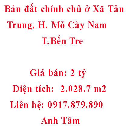 Bán đất chính chủ ở Xã Tân Trung, Huyện Mỏ Cày Nam, Bến Tre
