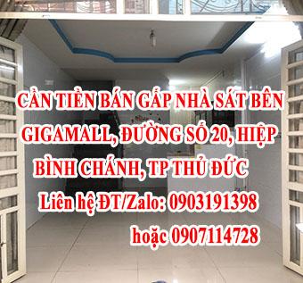 KẸT TIỀN BÁN GẤP CĂN NHÀ SÁT BÊN GIGAMALL, ĐƯỜNG SỐ 20, HIỆP BÌNH CHÁNH, TP THỦ ĐỨC