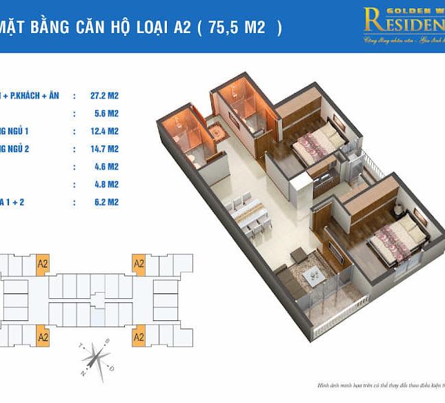 Bán chung cư Golden West số 2 Lê Văn Thiêm Căn góc slot oto 76m 2PN 2VS 2.65 tỷ